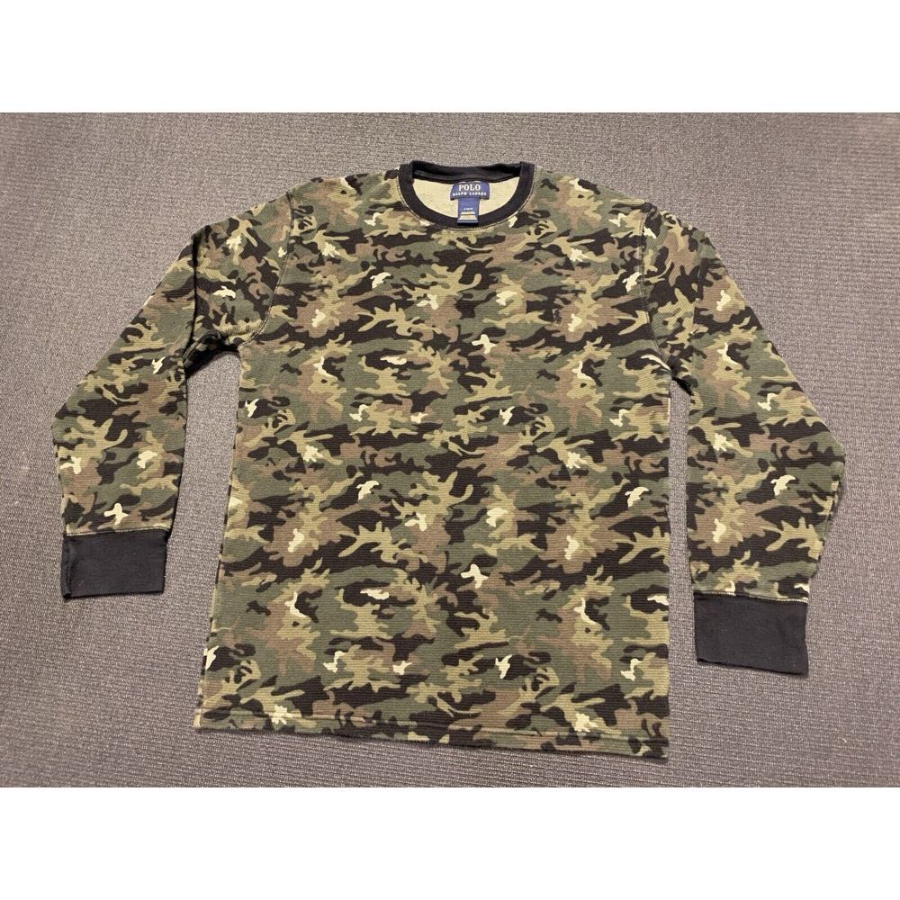Ralph Lauren Polo Player Men Green Camo Waffle Knit Thermal Shirt Large‎